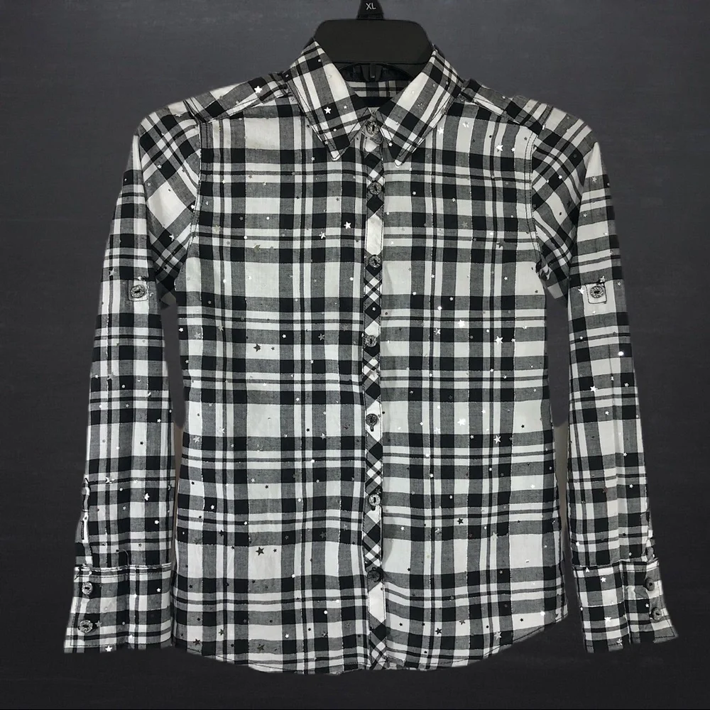 Justice Plaid Glitter & Stars Long Sleeve Top